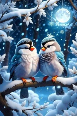 Little birds in a Christmas atmosphere