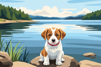Portrait de chien - Petit chien tacheté au bord du lac – 25-1005