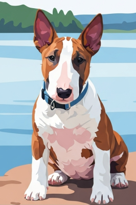 Dog portrait - Bull Terrier by the lake, in needlepoint embroidery style
