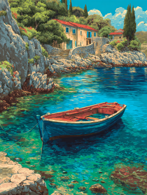 Lone boat in the bay tapestry series – 25-640