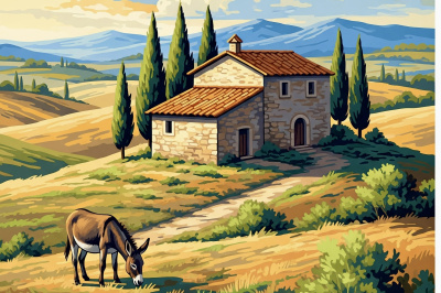 Tuscan landscape with a donkey, designed for needlepoint tapestry