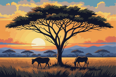 Auringonlasku savannilla