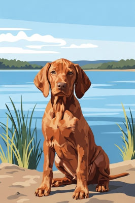 Hundporträtt - Peckes Vizsla valp vid sjön
