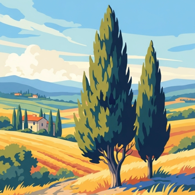 Cypress trees in the Tuscan landscape
