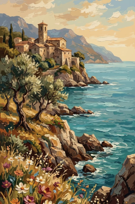 Italiensk kustlandskap med gobelinhantverk