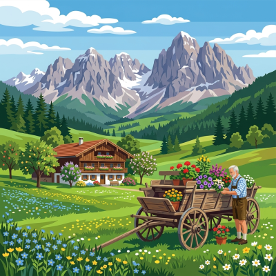 Alpelandskab med blomsterprydet vogn – BG26-0587