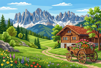 Alpine landscape with flower-filled cart – BG26-0588