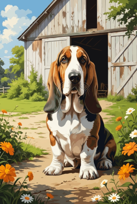 Basset hound před stodolou