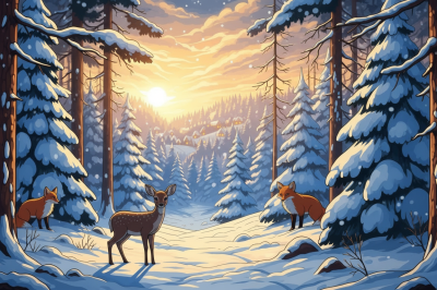 Bosque de invierno con animales