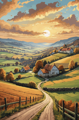 Rudens peizažas su kaimu ir gobelinu technika