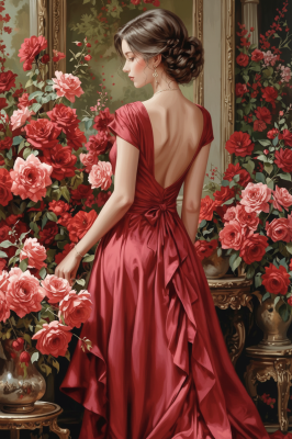Donna in abito rosso con rose