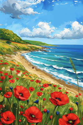 Meeresstrand mit Mohnblumen