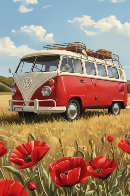 Furgone VW in un campo di papaveri ricamato con tecnica a Gobelin
