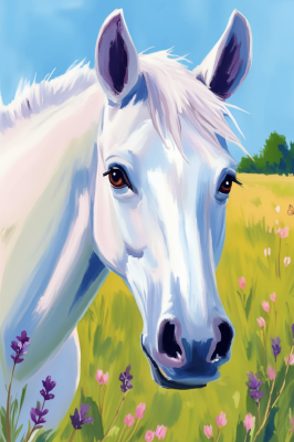 Hvid hest på blomstereng