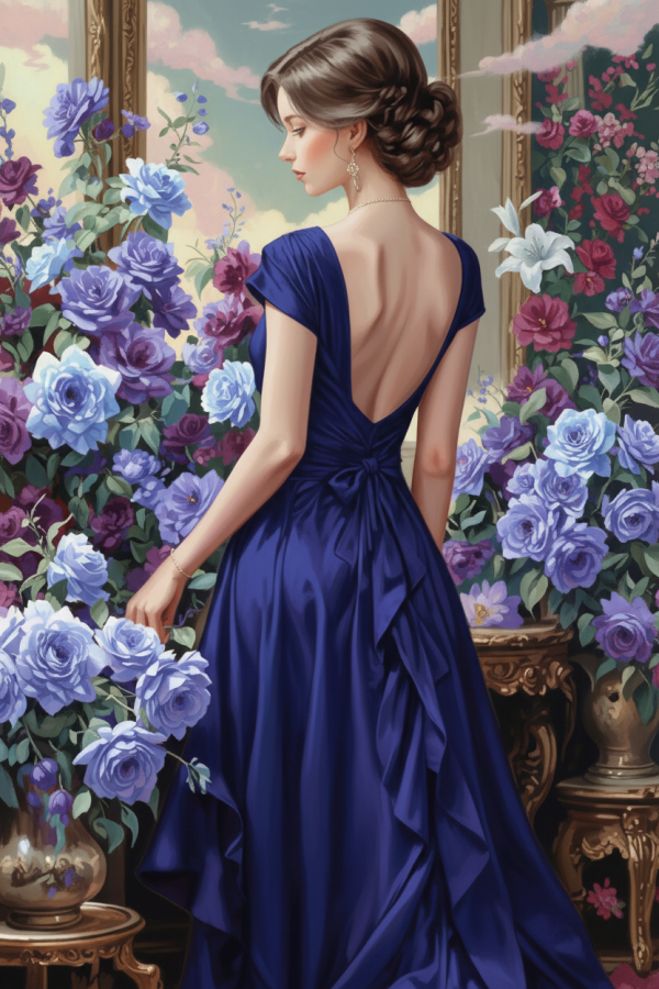Woman in blue dress with roses