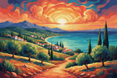 Mediterrane Landschaft bei Sonnenuntergang