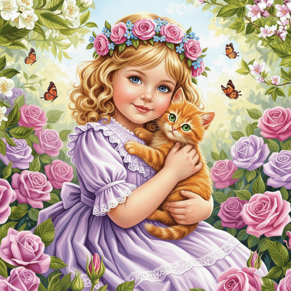 Mädchen, Kätzchen, Rosengarten, Blumen