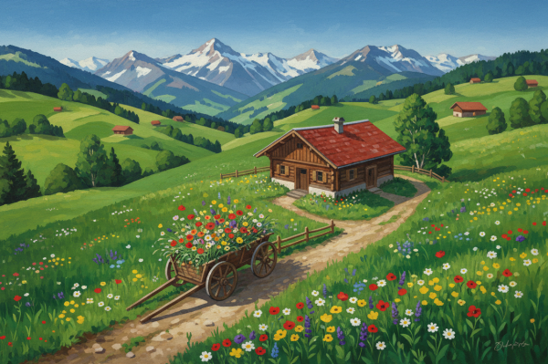 Alpine landscape with flower-filled cart – BG26-0226