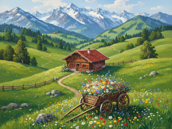 Alpine landscape with flower-filled cart