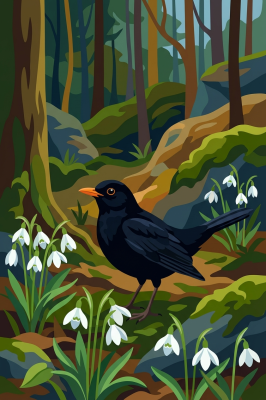 Amsel mit Schneeglöckchen im Wald