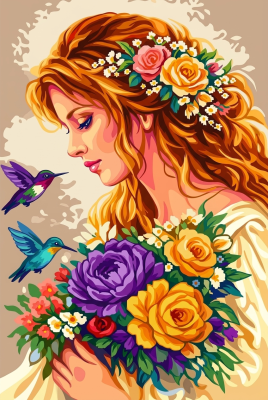 Dame au bouquet de fleurs et aux colibris