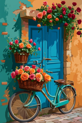 Bicicleta florida delante de una puerta azul