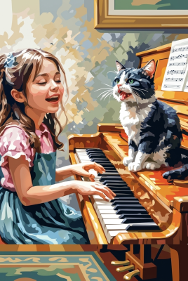 Girl playing piano with cat