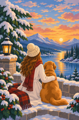 Winter sunset with a dog