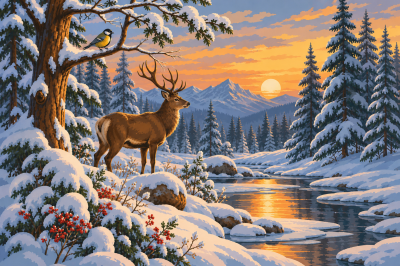 Paesaggio invernale di foresta con cervo