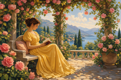 Lady reading under the rose arbor