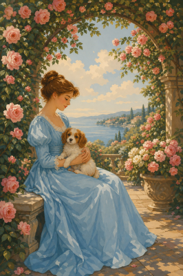 Lady with a puppy under the rose arbor