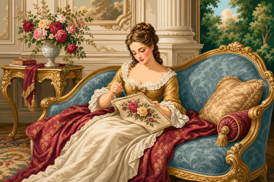 Mulher bordando gobelin em estilo rococó