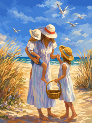 Mother and her children at the beach