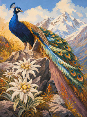 Peacock and edelweiss