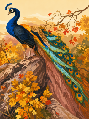 Peacock rooster in an autumn still life