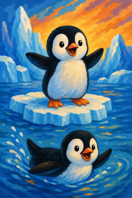 Pingüinos alegres en un campo de hielo