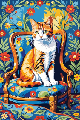 Cat in a floral needlepoint armchair