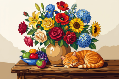 Still life with flowers and cat – BG26-0321