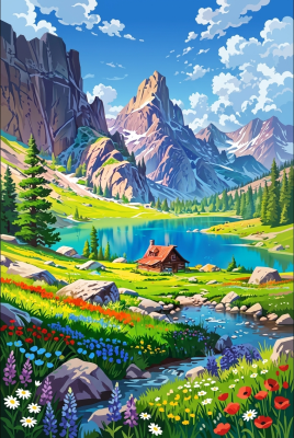 Mountain landscape with a flowery meadow