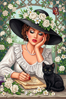 Senhora escreve uma carta com um gato