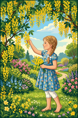 Chica con flores de lluvia dorada