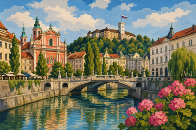 Riverbank in Ljubljana with flowers