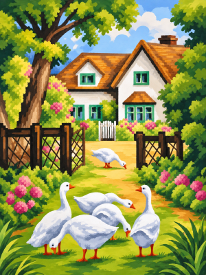 Patos no pátio florido