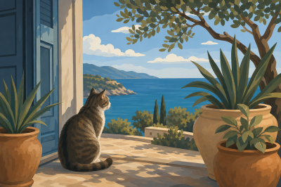 Gatto sulla terrazza di fronte al mare