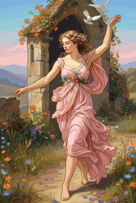 Woman with flowers and doves