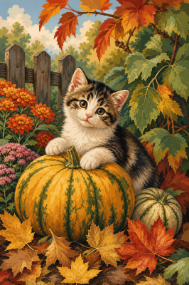 Autumn kitten among pumpkins