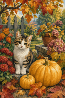 Gattino autunnale con zucche