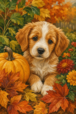 Autumn puppy among pumpkins