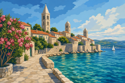 La ciudad vieja de Rab en la costa