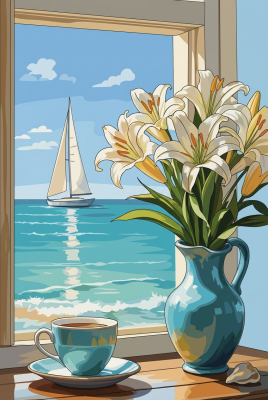 Seaside still life with flowers